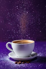 A white coffee cup with a sprinkle of sugar on top