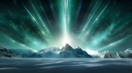 Aurora lights running past a snowy mountain, fresh, cold, minty, northern lights, magical nature concept