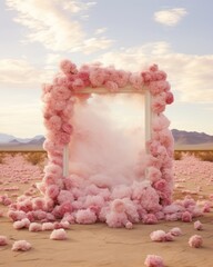 A rectangular frame densely filled with soft, pink flowers stands in a dry, expansive desert beneath a sky filled with billowing clouds, evoking a sense of surreal beauty and contrast.