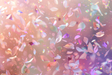 surreal pastel-colored confetti , creating an otherworldly atmosphere. soft edges, pastel colors of white, pink, purple, blue, green, yellow and black, with an orange tone. fantasy, magical 