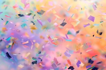surreal pastel-colored confetti , creating an otherworldly atmosphere. soft edges, pastel colors of white, pink, purple, blue, green, yellow and black, with an orange tone. fantasy, magical 
