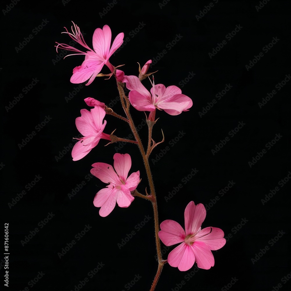 Poster A pink wildflower is photographed against a black background, the flowers have six petals