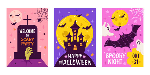 Happy Halloween party posters or flyers set. Vector illustration with pumpkin, ghost, moon and bat