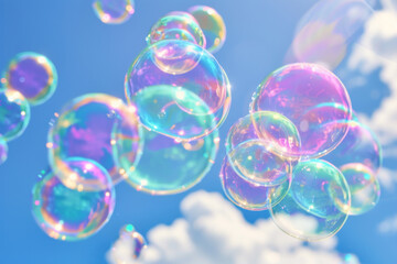 Naklejka premium Bubbles Floating in a Blue Sky