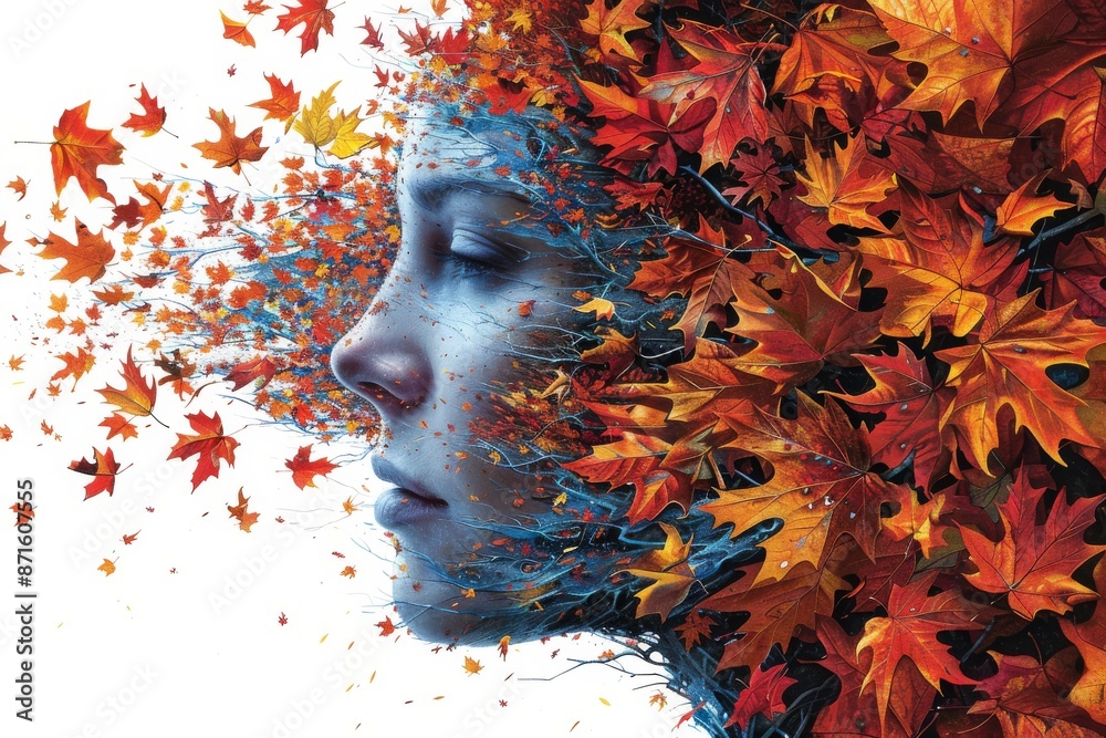 Canvas Prints Blue faced woman merging with autumn leaves symbolizing transformation change and the beauty of natures cycles in a colorful and emotional illustration