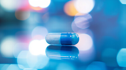 Close-up of a single blue and white capsule on a reflective surface with blurred background, emphasizing the importance of individual medication.