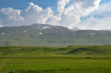 Mount Aragats and alpine meadows scenic view from Aparan-Spitak highway (Aragatsotn Province, Armenia) 