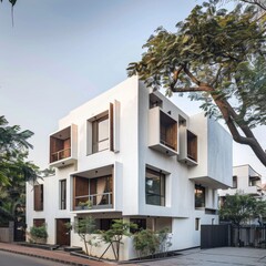 A white building with Indian architecture elements and a modernist architectural style features light gray walls and dark brown wood accents in a simple design. 