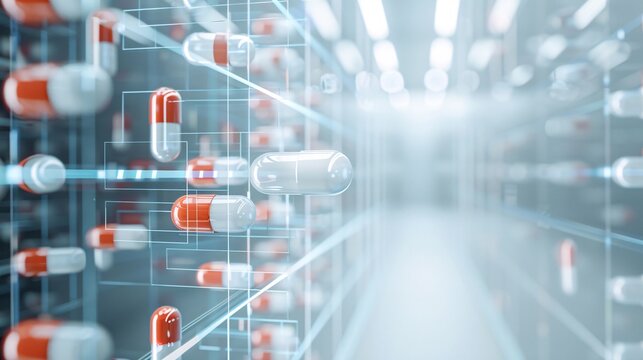 Magazine style cover photo of a futuristic online pharmacy concept, high-tech design, innovative features, professional layout