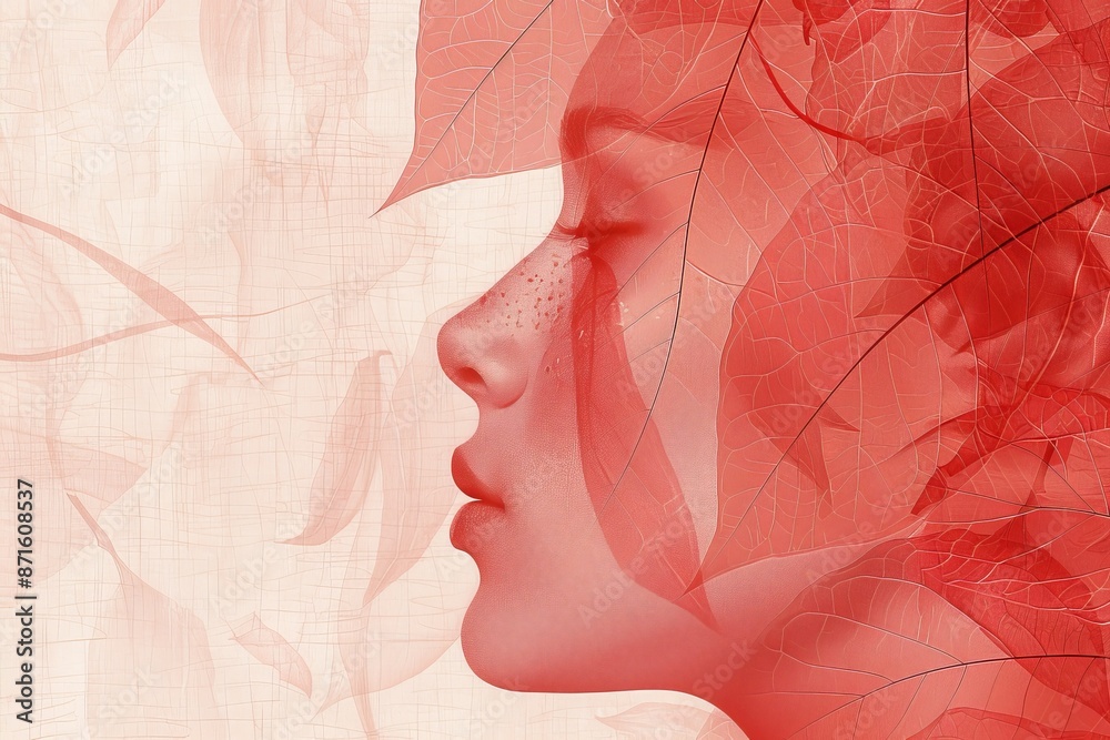 Sticker Womans face subtly merged with red leaves symbolizing the intimate connection between humans and nature in a serene artistic illustration