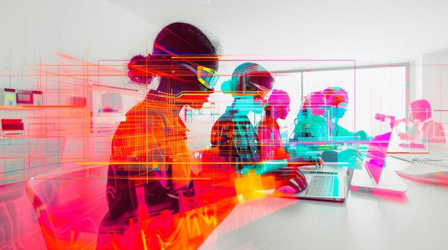 A futuristic classroom with students using neuroenhanced learning tools, watercolor, bright, detailed