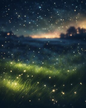 Magical night scene with glowing fireflies over a grassy field with a blurred background and bokeh lights, creating a dreamy atmosphere, Generative AI.