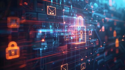 Fototapeta premium a padlock floating amid technological symbols, email folders, doc files, programming codes