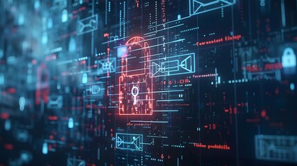 Fototapeta premium a padlock floating amid technological symbols, email folders, doc files, programming codes