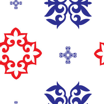 Decorative Asian Folk Blue, red pattern on a white background. Seamless Pattern. Ornament: Kyrgyz, Kazakh, Bashkir, Tatar, Yakut, Mongol. Ethnic Vector Illustration for Paper Products, Textiles. 