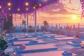Obraz premium a rooftop fitness class with mats and upbeat lofi workout music. Cozy vibe, Generative AI