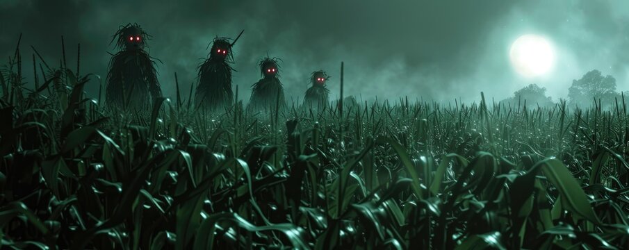 Mysterious Midnight in the Haunted Cornfield - Scary scarecrows, moonlit fog, eerie shadows, Halloween horror, sinister night scene, spooky rural landscape, creepy agriculture, scary Halloween