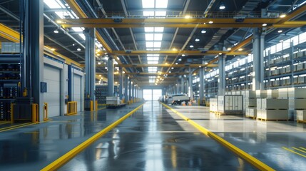 Obraz premium Futuristic Sustainable Distribution Center with Renewable Energy, Automated Systems, and AI-Driven Logistics