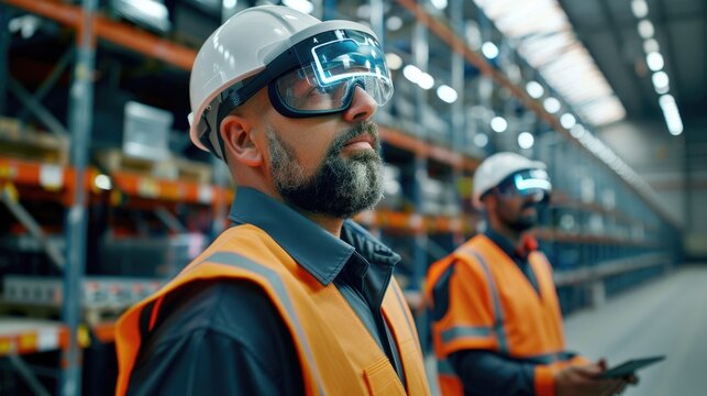 Futuristic Logistics Management Team Using Augmented Reality Glasses and Tablets in Warehouse Setting - Powered by Adobe