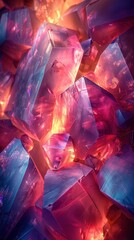 A geometric abstract background with vibrant colors, featuring sharp angles and glowing highlights.
