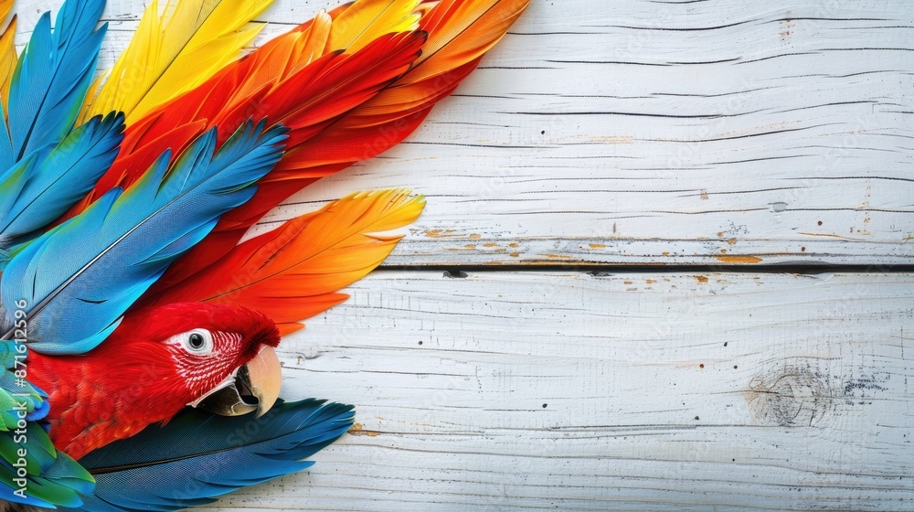 Sticker vibrant bird plumage on white wooden backdrop with empty space