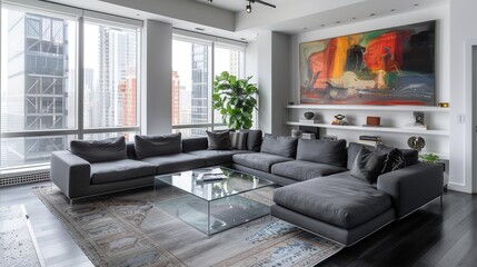 Fototapeta premium A modern living room with sleek furniture, featuring a grey sectional sofa, glass coffee table, and minimalist shelving, with a large window offering natural light and a view of the cityscape,
