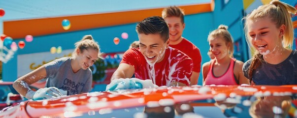 Group of people running a charity car wash