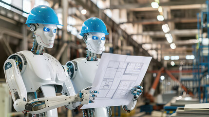 Robots with helmets examining blueprints in a factory setting generated with AI