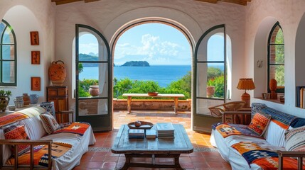 Fototapeta premium A Mediterranean villa living room with arched doorways, terracotta tiles, rustic wooden furniture, vibrant textiles, and large windows offering views of the garden and sea