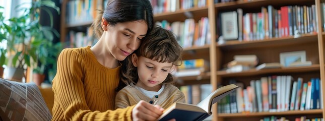 Teacher helping a child read in a cozy library, International Literacy Day, emphasizing personalized education and mentorship