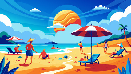 Colorful Beach Day Scene with Vacationers Enjoying Sun and Sand