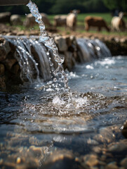 Close-up of water flowing in a stream with a small waterfall.