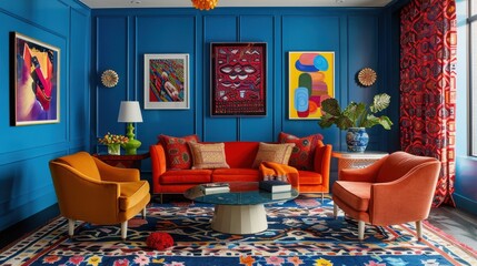 A vibrant colors living room with bold accent walls, colorful furniture, patterned rugs, and eye-catching artwork, creating a lively and energetic atmosphere filled with personality
