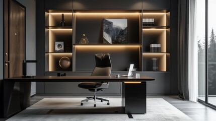 A chic office space with a sleek desk, modern chair, minimalist shelving, stylish lighting, and tasteful decor, creating a productive and aesthetically pleasing work environment