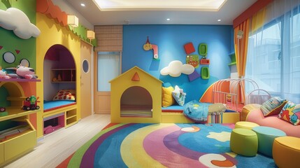 A kid's room with colorful decor, playful furniture, a themed bed, creative storage solutions, and plenty of space for playing and learning, creating a fun and imaginative environment