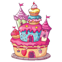 Cartoon Kawaii Cupcake Castle isolated on white solid background