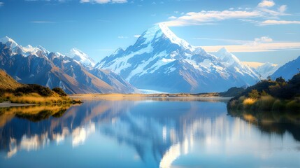 Fototapeta premium Majestic Snow-Capped Mountains Reflecting in Pristine Lake Under Clear Blue Sky 