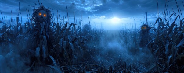 Fototapeta premium Eerie Night in the Sinister Corn Maze: Scarecrows, Glowing Eyes, and Moonlit Shadows