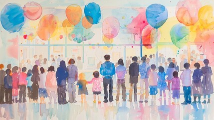 A happy family day event at school, watercolor, soft pastels, lifelike