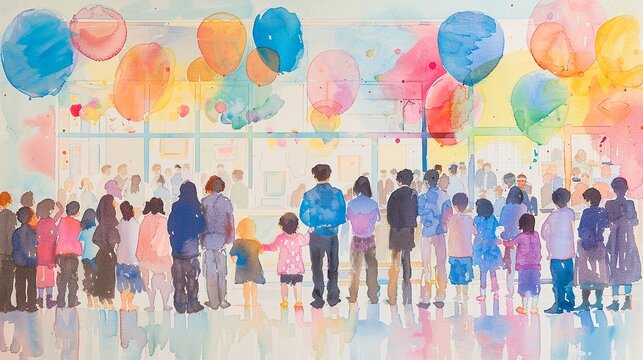 A happy family day event at school, watercolor, soft pastels, lifelike