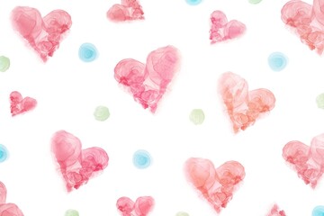 アルコールインクアートの抽象バナー。白背景にピンクのラフなハート柄と水玉