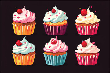 Cute sweet cupcake set icon. Set of cupcakes. Cupcake with cream, birthday decoration vector illustration, food icon. Sweet cupcakes. 