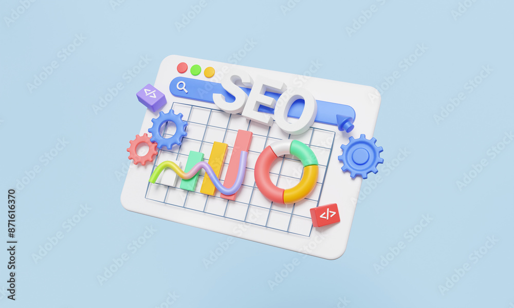 Poster 3d render statistics analytics seo optimization strategy and research precise marketing via data web