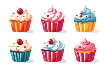 Cute sweet cupcake set icon. Set of cupcakes. Cupcake with cream, birthday decoration vector illustration, food icon. Sweet cupcakes. 