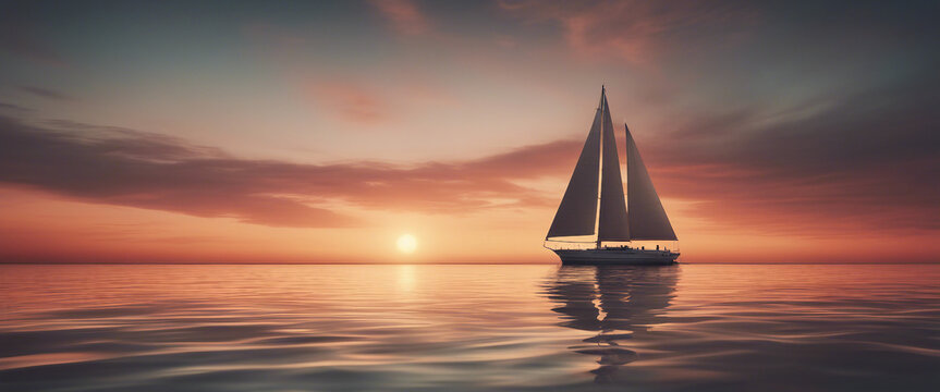 sailboat cruises at sunset in calm ocean water, copy space for text

