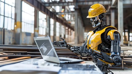 Robot Construction Worker With Yellow Hat in Industrial Environment generated with AI