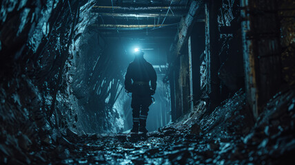 Miner wearing a hardhat and headlamp walking through a dark tunnel.