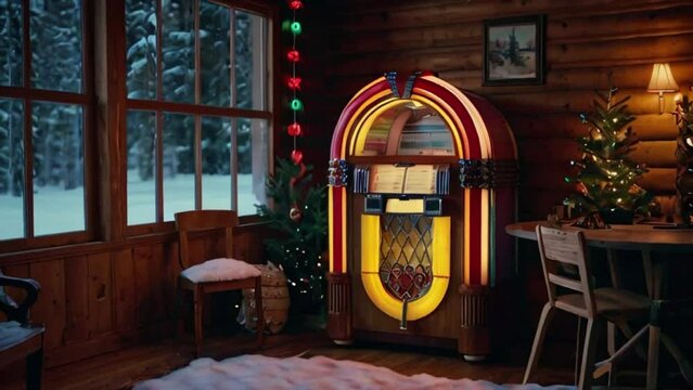 Vintage style jukebox and releases songs during the holiday season. Help create a lively atmosphere in your cozy winter cottage. AI generative