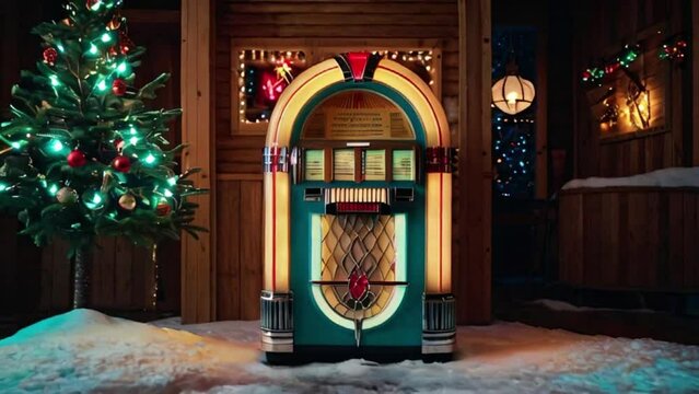 Vintage style jukebox and releases songs during the holiday season. Help create a lively atmosphere in your cozy winter cottage. AI generative