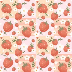 seamless pattern with strawberries watercolor hand painting on pastel geometric and striped background. Perfect design for fabric, clothing, decoration, element, texture, textile, embroidery, ornate